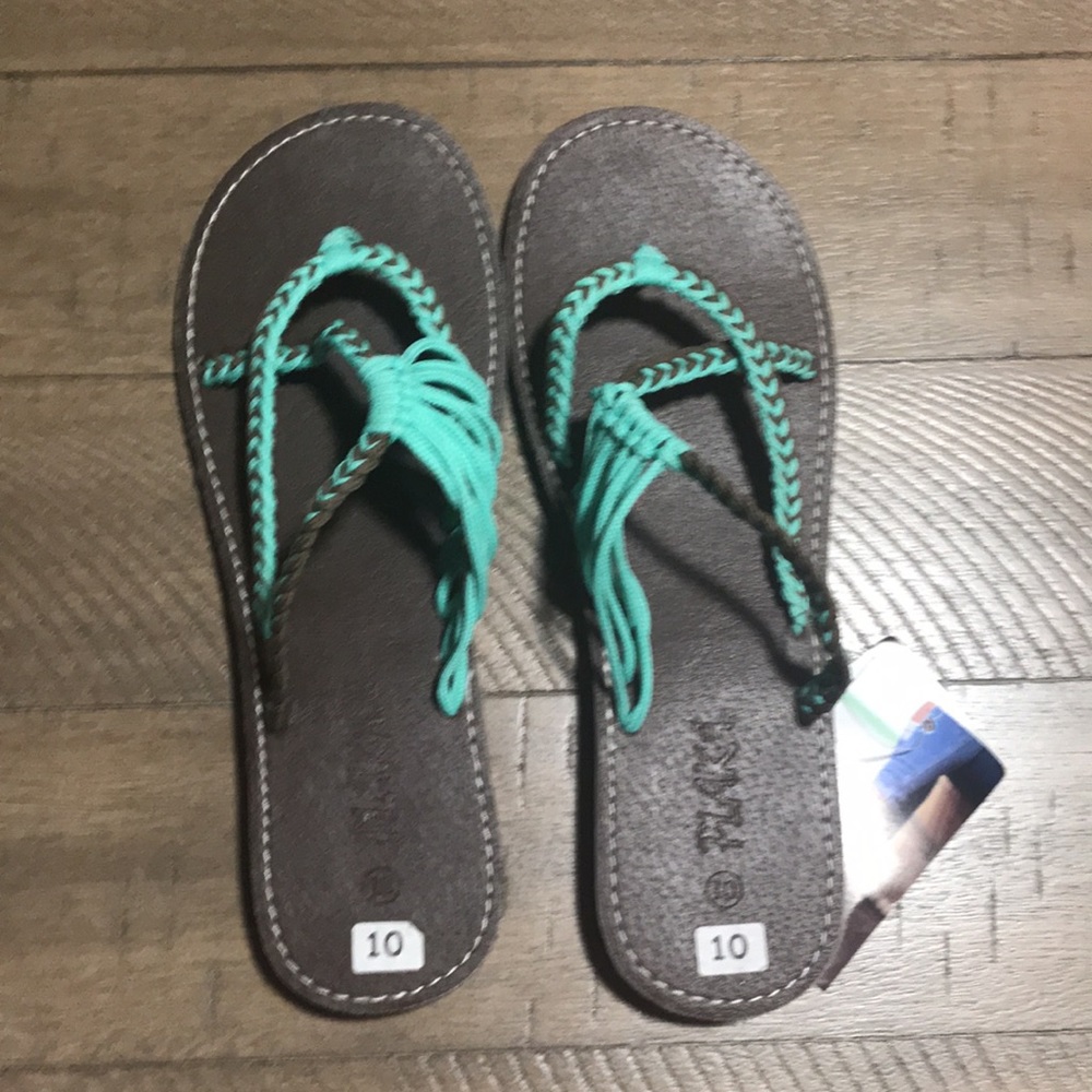 NWT Plaka Oceanside flip flop sandals turquoise and brown Sz 10 - Picture 7 of 8